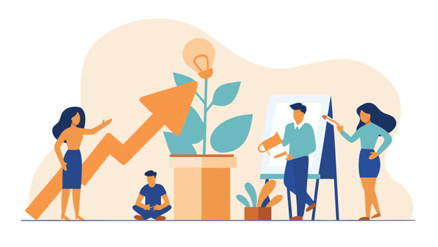 Illustration of people tending to potted plants symbolizing smart growth strategies and sustainable development with a focus on greenery and community engagement
