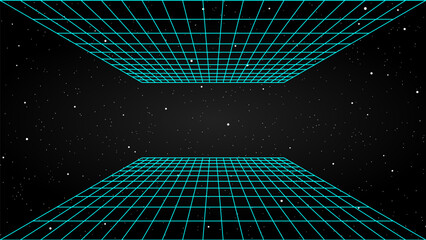 3D wireframe perspective grid room template design vector illustration background. Empty three dimensional virtual room perspective wireframe grid geometric sketch. Cyber virtual line interior frame.