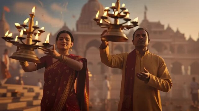 Devotees gather along the sacred riverbank, performing the serene and radiant evening Ganga Aarti.