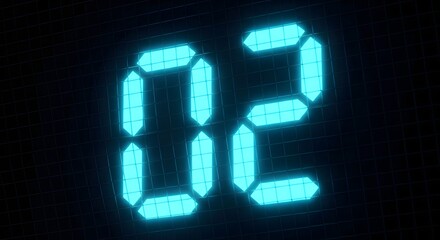 Close up of a digital display showing the number two in bright blue color on a dark background