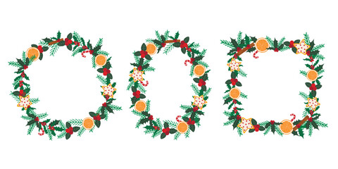 Set of rustic Christmas and New Year wreaths. Round, oval and square natural frames for holiday designs. Templates of shapes from fir branches, berries and holly, vector graphics