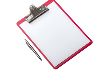 Blank white paper on a red clipboard with a pen on a black background