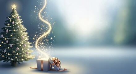 Magical gift box near Christmas tree, sparkling atmosphere, winter celebration, copy space