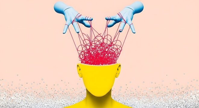 Conceptual artwork showing hands manipulating red strings connected to a yellow head, representing control and manipulation