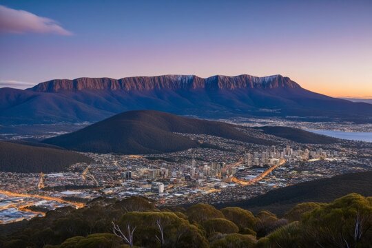 Panoramablick auf Hobart und den Mount Wellington bei Sonnenuntergang in Tasmanien, Australien - Powered by Adobe