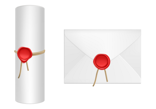 A sealed white scroll tied with a ribbon and a sealed white envelope on a Transparent PNG background representing official documents and correspondence
