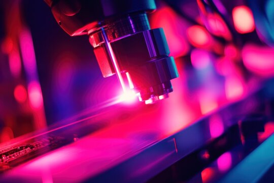 close-up of an industrial laser head emitting red lights