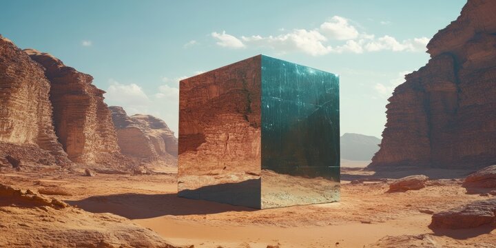monument glass cube floating in the middle of desert concept of alien artifact, monolith, sci-fi phenomenon