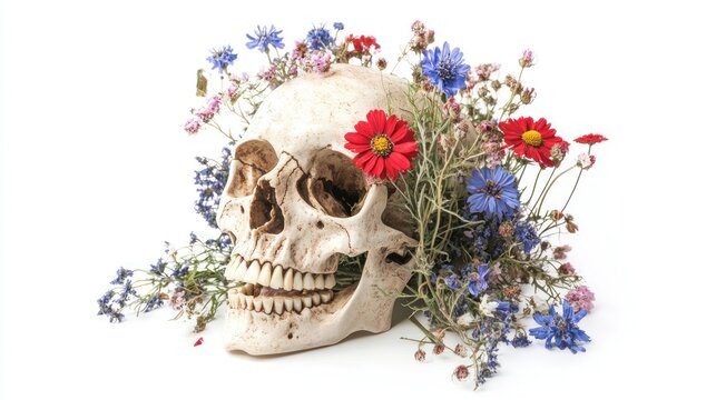 human skull with wild flowers growing out of it isolated on white background concept of mortality