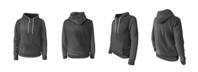 Four views of a dark gray hooded sweatshirt with white drawstrings isolated on a Transparent PNG background studio shot