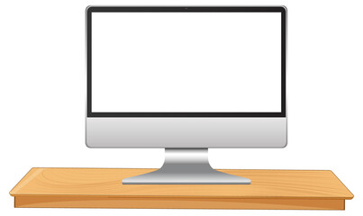 Modern silver computer monitor with a blank white screen on a light brown wooden desk against a Transparent PNG background