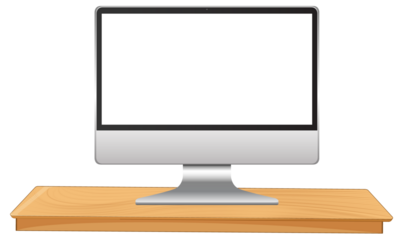 Modern silver computer monitor with a blank white screen on a light brown wooden desk against a Transparent PNG background