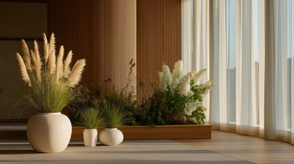 Bright minimalist funeral hall with natural wood textures, soft sunlight filtering through sheer curtains, and eco-friendly floral arrangements made from locally sourced plants, symbolizing modern