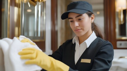 Cleaner carefully wiping mirrors and fixtures in a luxury bathroom using high-end products — premium lifestyle and cleanliness imagery promoting luxury-level cleaning and attention to detail for