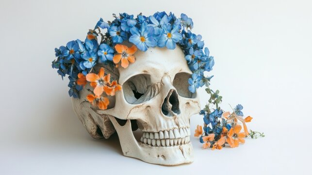 human skull with orange and blue flowers isolated on white background concept of memento mori