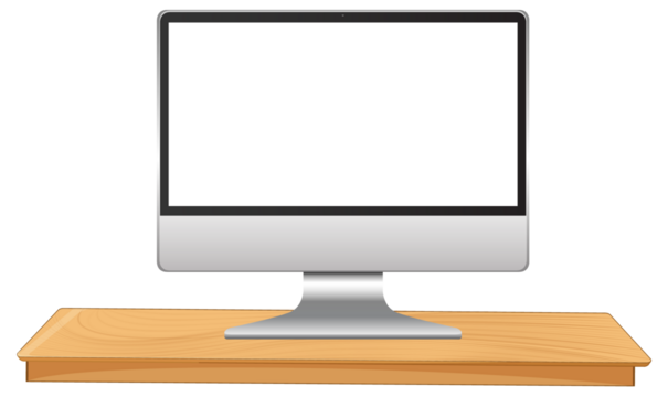 Modern silver computer monitor with a blank white screen on a light brown wooden desk against a Transparent PNG background