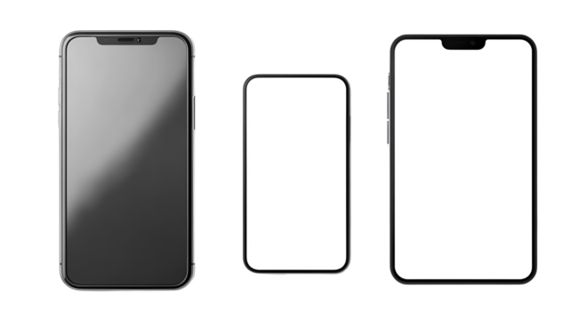 Three modern smartphones of different sizes displayed against a plain black background