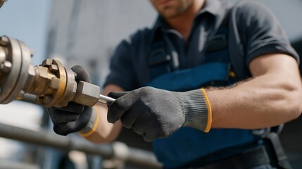 Close-up macro shot of a gas service technician’s gloved hands tightening a metallic valve using specialized industrial tools — a powerful and technical composition symbolizing safety, control,