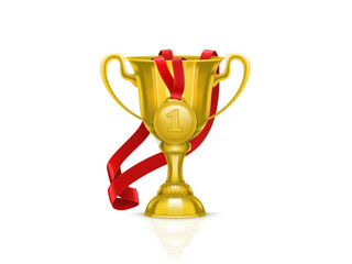 A gleaming golden trophy with a red ribbon and a gold medal hangs triumphantly against a stark Transparent PNG background
