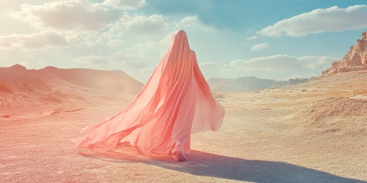 ethereal figure in pink robes in desert