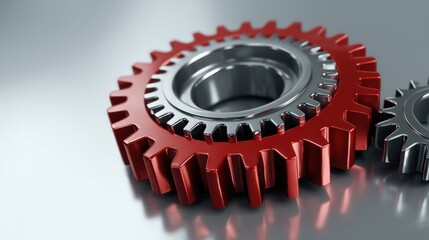 A metallic gear mechanism isolated on reflective surface central cog painted with Austria flag motif Studio lighting emphasizes