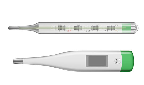 Two medical thermometers one traditional glass mercury thermometer and one modern digital thermometer isolated on a Transparent PNG background
