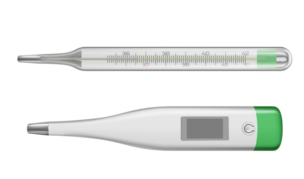 Two medical thermometers one traditional glass mercury thermometer and one modern digital thermometer isolated on a Transparent PNG background - Powered by Adobe