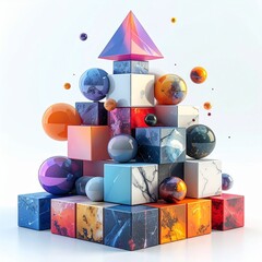 Colorful Abstract 3D Geometric Shapes Pyramid with Marble Textures and Spheres