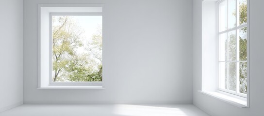 Empty room with two windows, showing a light-filled exterior scene
