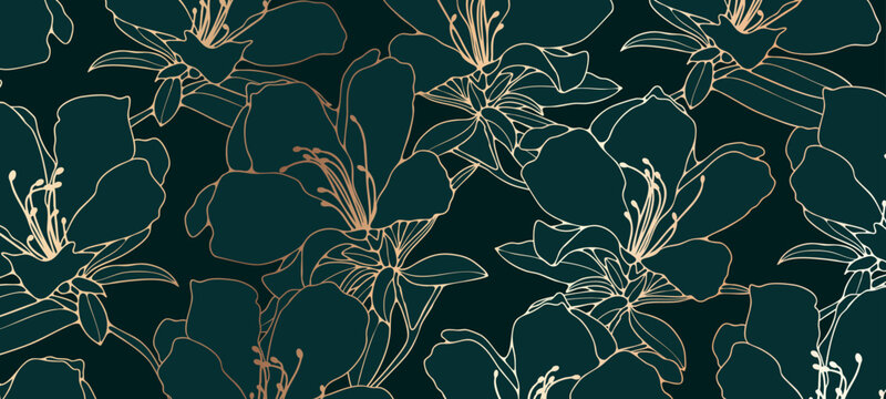 Luxury floral art with golden azalea flowers. Horizontal floral abstract background for decor, wallpaper or covers