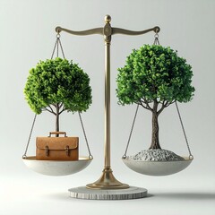Conceptual Balance of Work and Nature: Tree and Briefcase on Scales