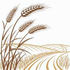 Fototapeta premium Stylized illustration of mature wheat stalks in the foreground with rolling golden fields and a winding path in the background