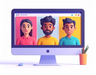 Virtual Meeting Illustration: 3D Cartoon Characters on Computer Screen for Online Conference