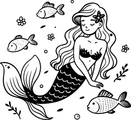 Mermaid lying on the seabed, with cute little fish. , line art vector , black and white , white background