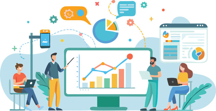 Diverse team of professionals collaborating on a digital analytics strategy visualizing data and planning for business growth and success - Powered by Adobe