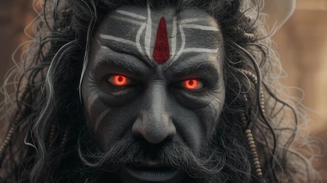 Kaal Bhairava in his fierce divine warrior form, radiating raw cosmic power. His blazing eyes, flowing hair, and aura of destruction symbolize supreme protection and unwavering justice.