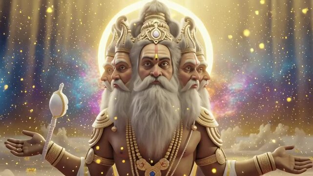 Lord Krishna and Lord Brahma appearing together in a magnificent celestial vision &mdash; Krishna radiating serene blue divine light, while Brahma seated on a glowing lotus, surrounded by cosmic energy and 