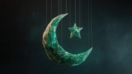 A Pakistan flag designed from glowing geometric polygons suspended in air crescent and star central emerald tones vivid