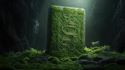 Technology as an artifact: an ancient, overgrown stone monolith covered in moss, but with intricate, glowing alien circuitry embedded in its surface, cinematic, mysterious, dramatic light. 
