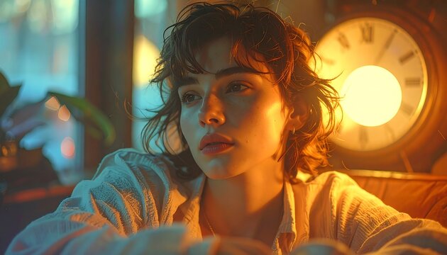 A thoughtful woman with curly hair sits in warm light, near a vintage clock, appearing serene and introspective