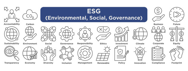 An ESG icon set representing environmental, social, and governance concepts such as sustainability, ethics, inclusion, renewable energy, and corporate responsibility.
