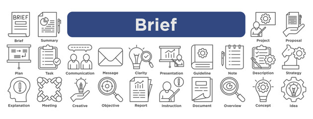 A professional brief icon set illustrating concepts like summary, project, proposal, communication, strategy, report, and idea in modern outline style.