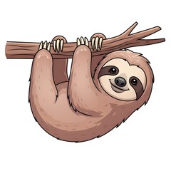 Naklejka premium Cute cartoon sloth hanging from a tree branch illustration, smiling happily