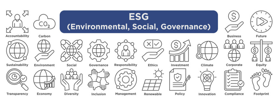 An ESG icon set representing environmental, social, and governance concepts such as sustainability, ethics, inclusion, renewable energy, and corporate responsibility.
