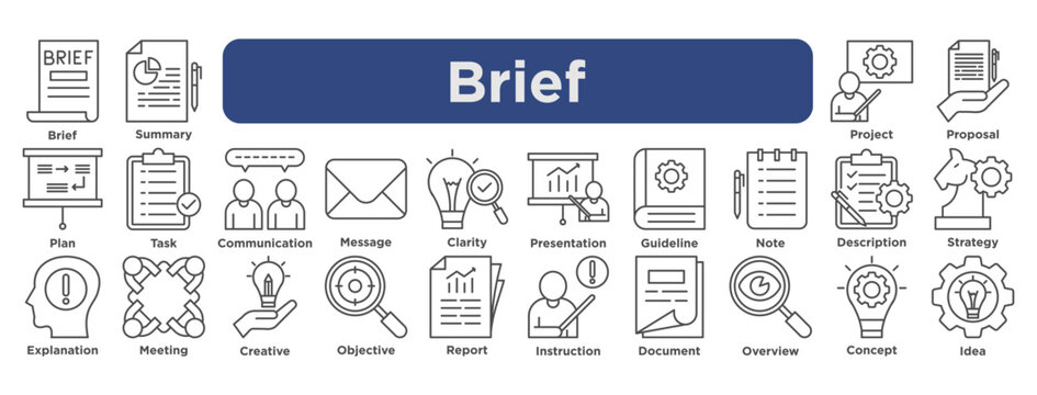 A professional brief icon set illustrating concepts like summary, project, proposal, communication, strategy, report, and idea in modern outline style.