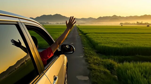 Person Waving Hand From Car Window Driving Through Lush Green Rice Fields At Sunset With Distant Mountains Landscape