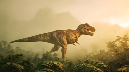 Majestic Tyrannosaurus Rex Roams Prehistoric Jungle Amidst Volcanic Mist and Golden Sunlight