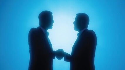 Silhouette of two business people shaking hands against a glowing blue background