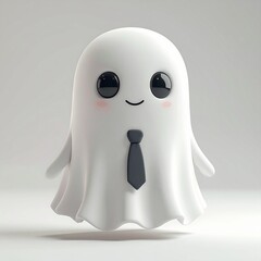 Cute Business Ghost Cartoon Character with Tie on White Background