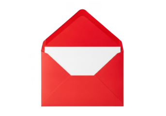 An open red envelope with a white blank card inside, isolated on a transparent background